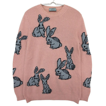 Prada Knit Wool Cashmere Rabbit Pattern Sweater Pullover Top Long Sleeve Pink