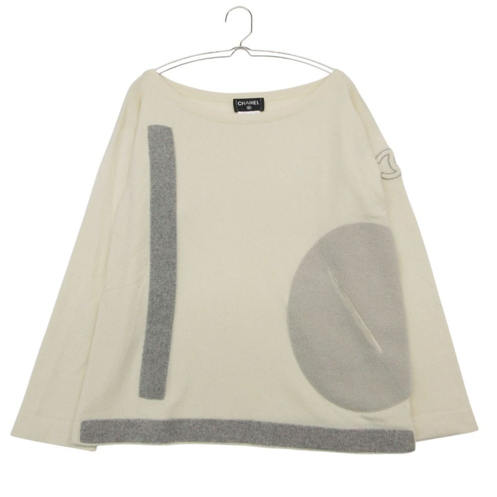 Chanel Knit Cashmere Terry Logo CC Arm Applique Pocket Top Long Sleeve Ivory