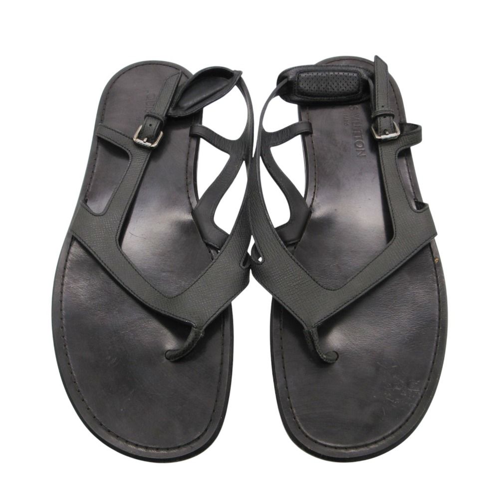 Louis Vuitton Beach Sandals Thong Leather Belt Shoes 11 Black