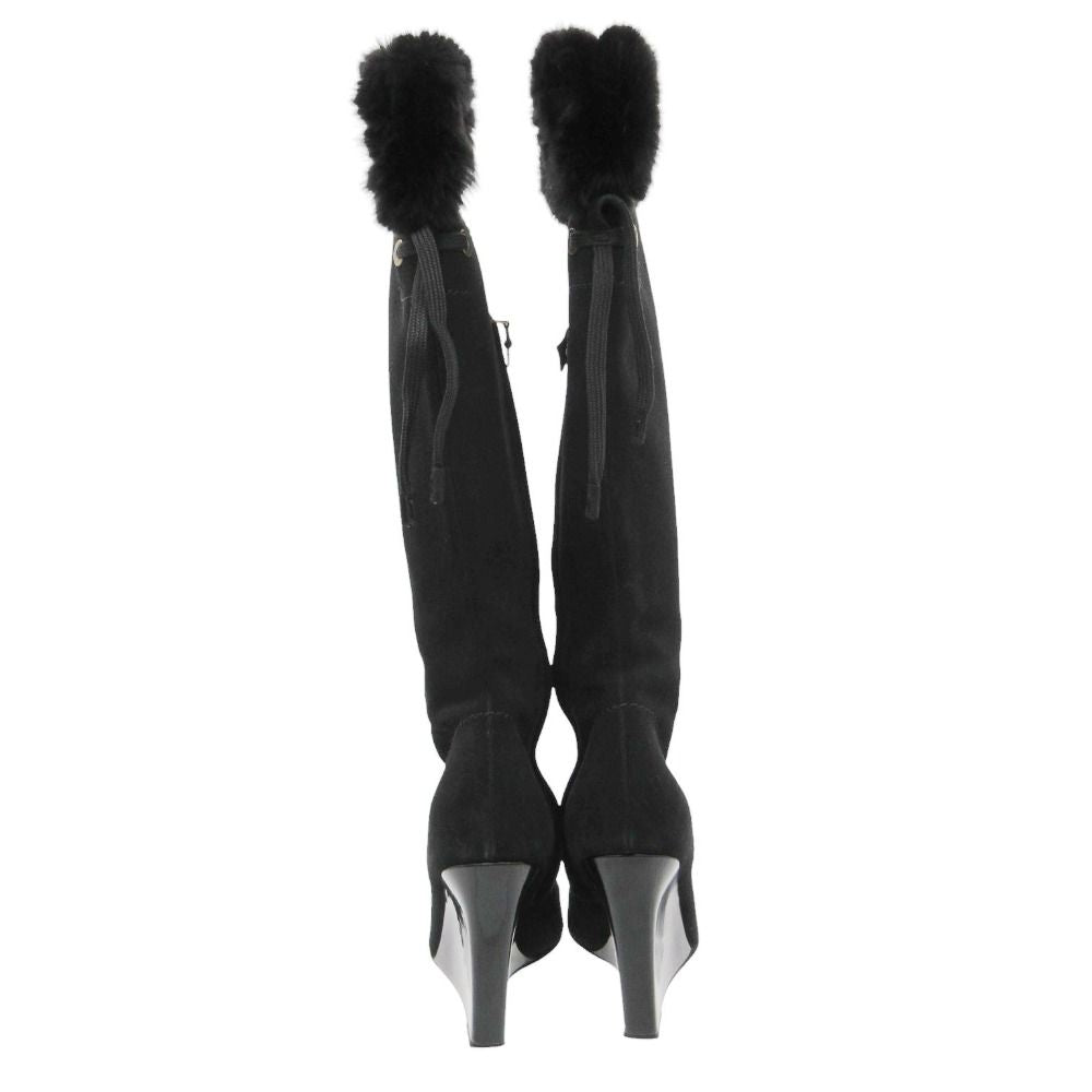 Louis Vuitton Boots Long Wedge Sole Fur Decoration Side Zip Shoes 36 Black