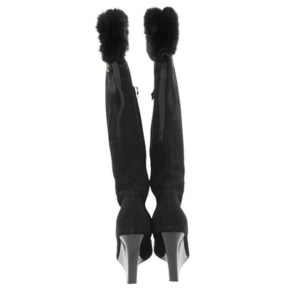 Louis Vuitton Boots Long Wedge Sole Fur Decoration Side Zip Shoes 36 Black