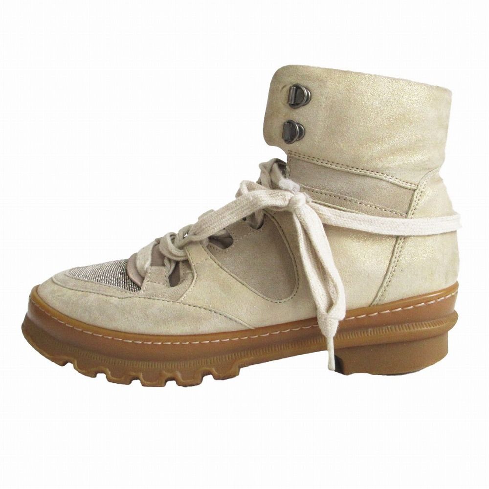 Brunello Cucinelli Boots Monitor Decoration Shearling Lace Up Shoes Lame Beige