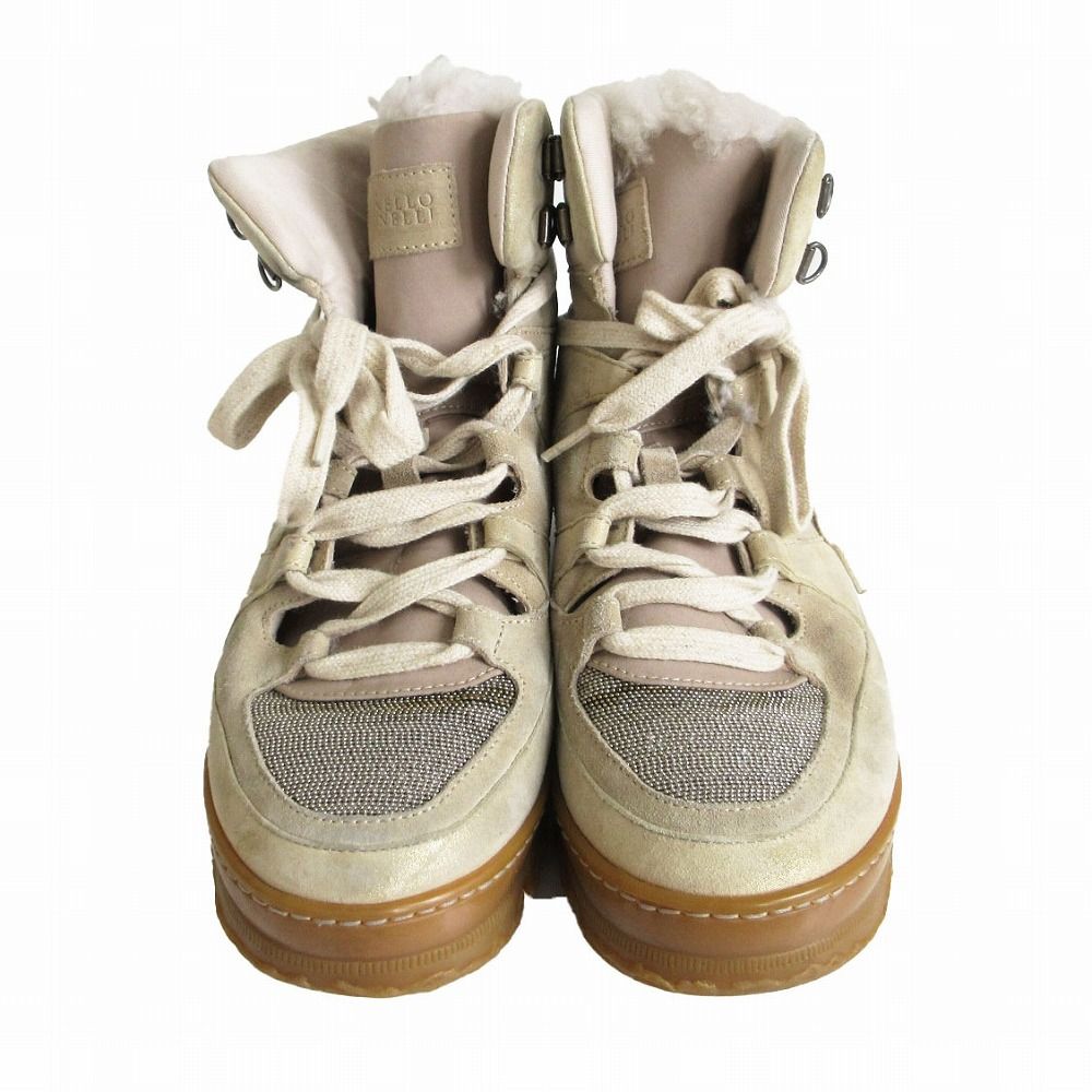 Brunello Cucinelli Boots Monitor Decoration Shearling Lace Up Shoes Lame Beige
