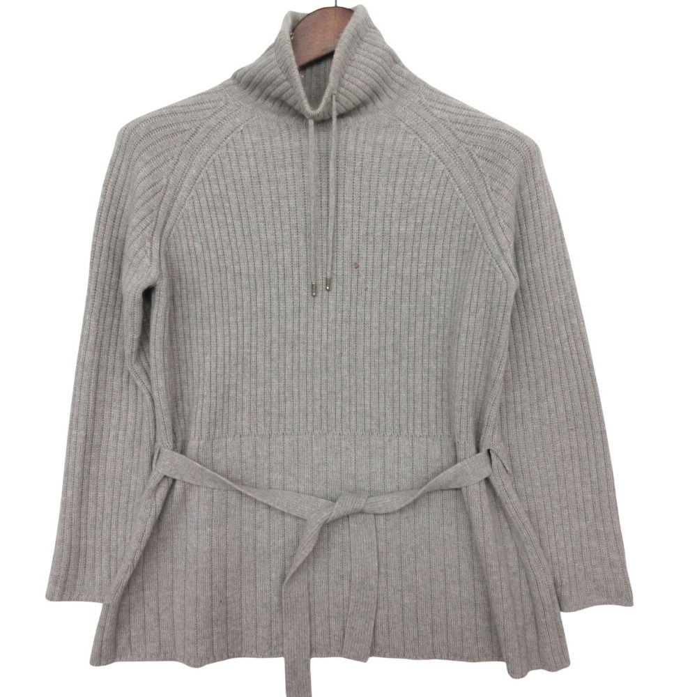 Loro Piana Knit High Neck Cashmere Belted Pullover Top Long Sleeve Gray Sweater