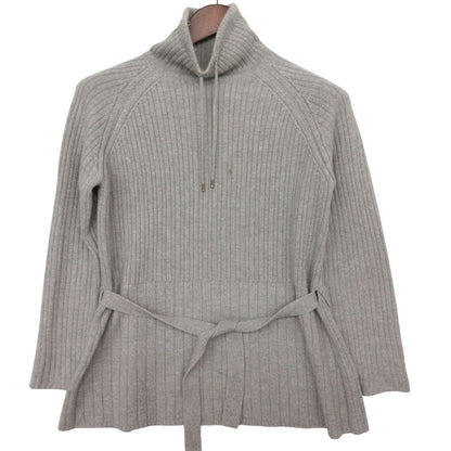 Loro Piana Knit High Neck Cashmere Belted Pullover Top Long Sleeve Gray Sweater