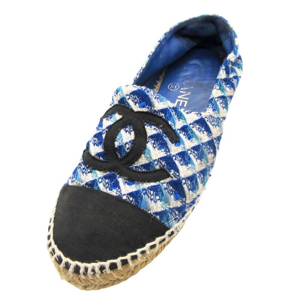 Chanel Sandals CC Logo Espadrilles Shoes Tweed Blue