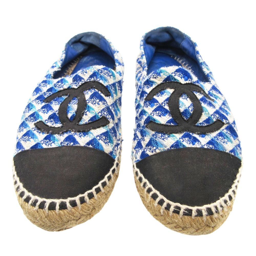 Chanel Sandals CC Logo Espadrilles Shoes Tweed Blue