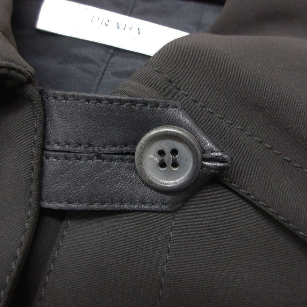 Prada Coat Padded Leather Piping Zip Up Long Tight Silhouette Black