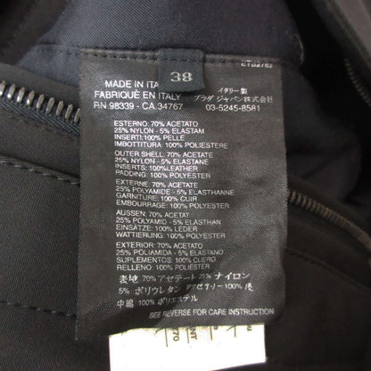 Prada Coat Padded Leather Piping Zip Up Long Tight Silhouette Black