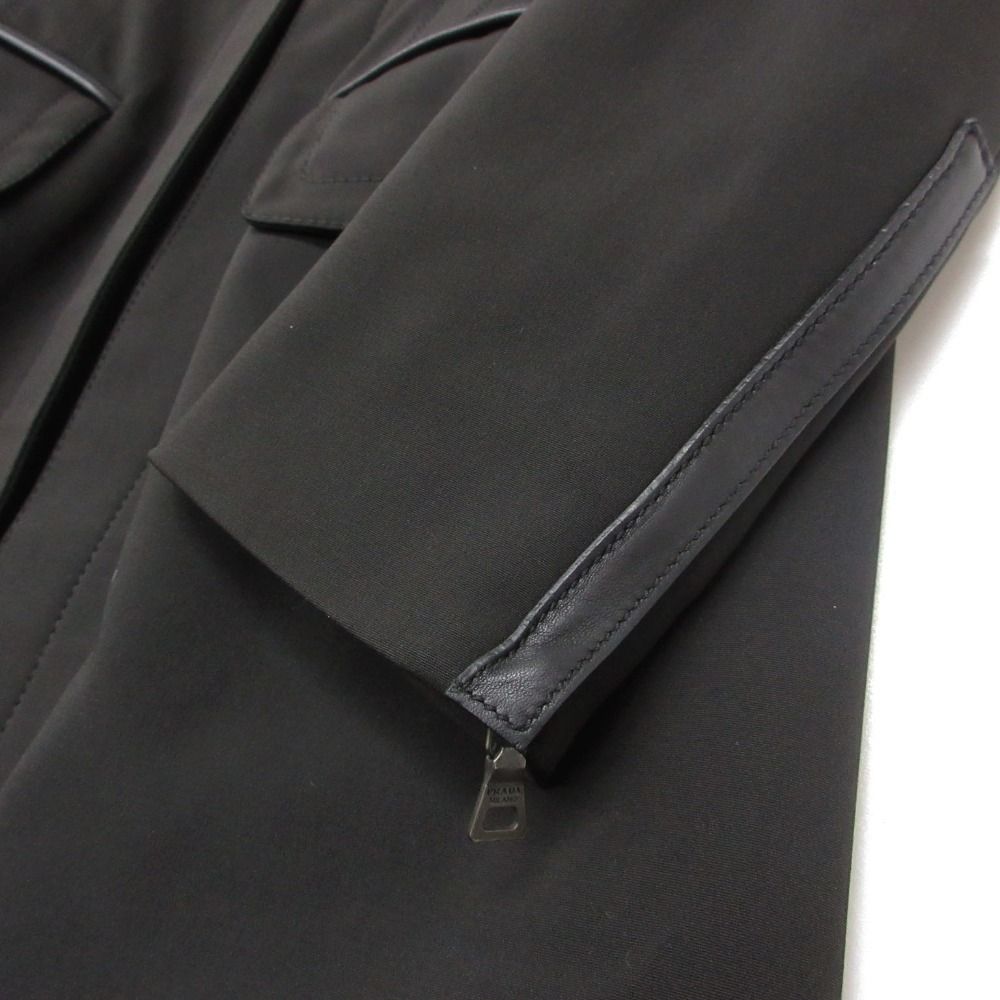 Prada Coat Padded Leather Piping Zip Up Long Tight Silhouette Black