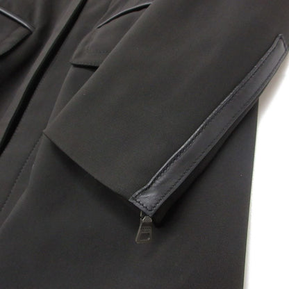 Prada Coat Padded Leather Piping Zip Up Long Tight Silhouette Black