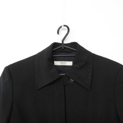 Prada Coat Padded Leather Piping Zip Up Long Tight Silhouette Black