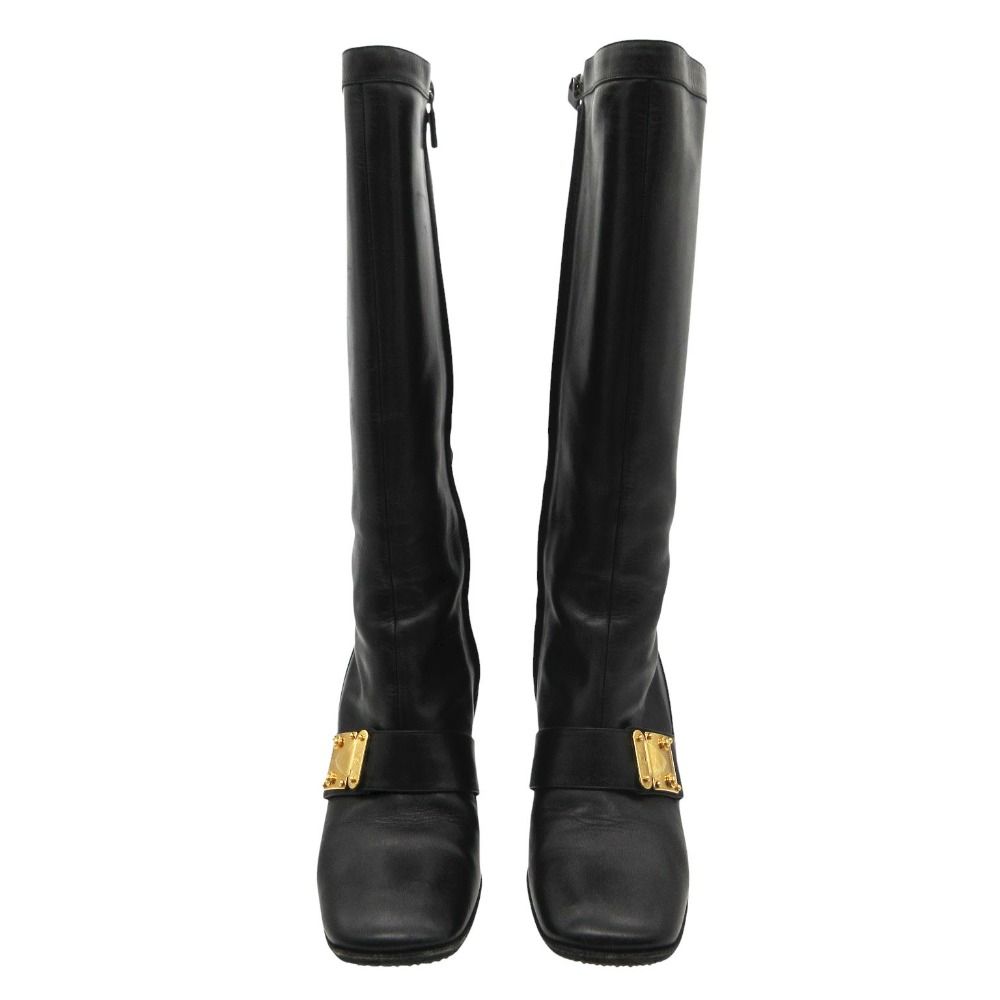Louis Vuitton Boots Gold Buckle Leather Long Shoes Chunky Heels Side Zip Black