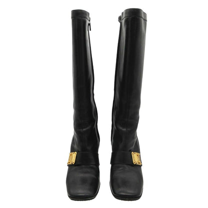 Louis Vuitton Boots Gold Buckle Leather Long Shoes Chunky Heels Side Zip Black