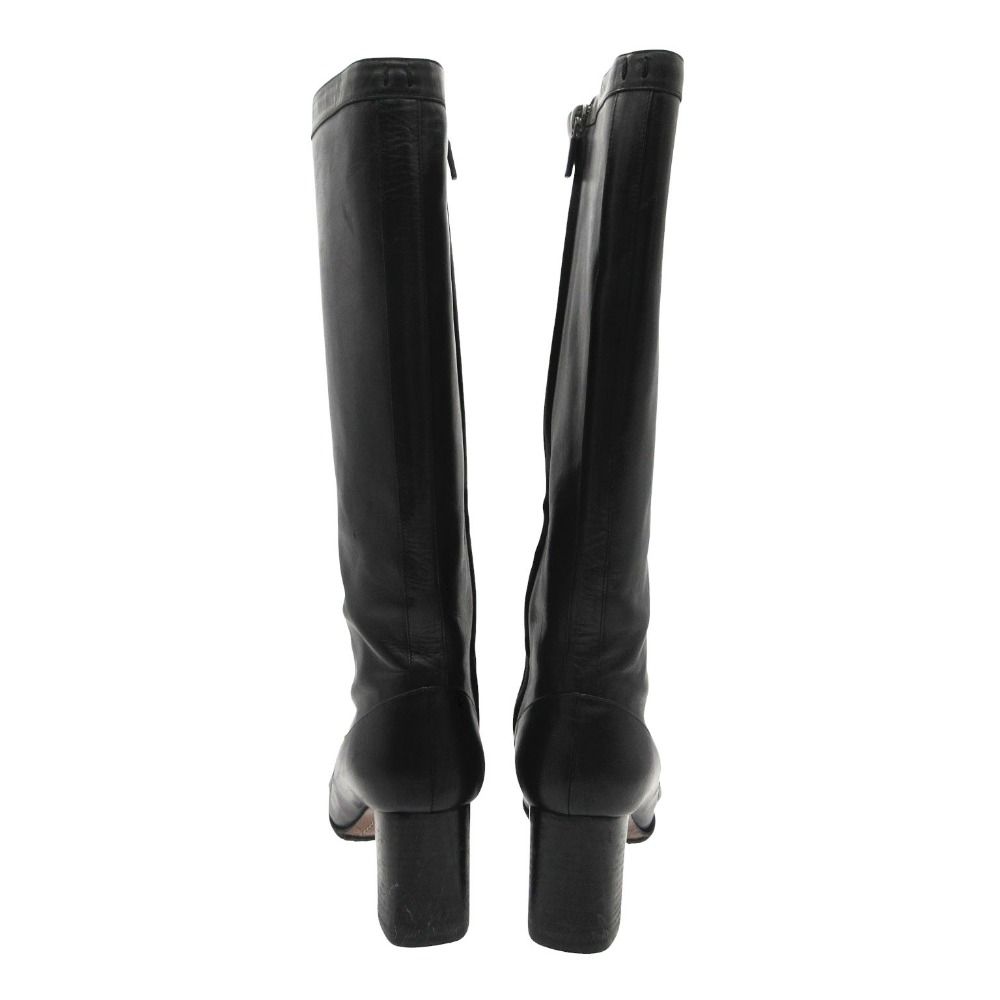 Louis Vuitton Boots Gold Buckle Leather Long Shoes Chunky Heels Side Zip Black