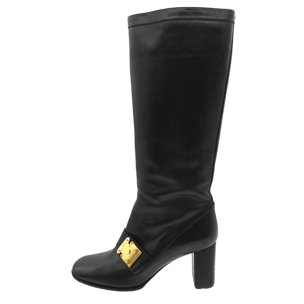 Louis Vuitton Boots Gold Buckle Leather Long Shoes Chunky Heels Side Zip Black