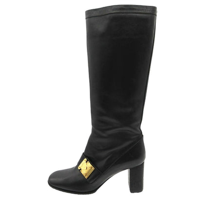 Louis Vuitton Boots Gold Buckle Leather Long Shoes Chunky Heels Side Zip Black