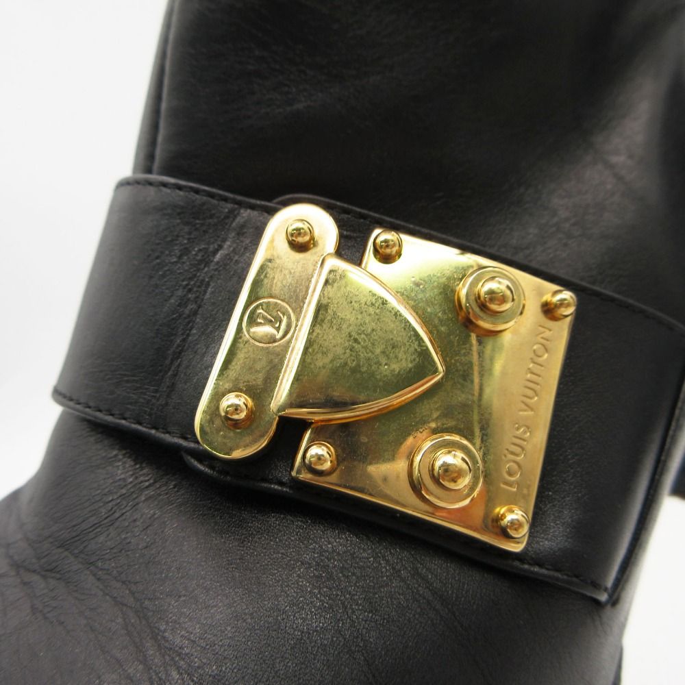 Louis Vuitton Boots Gold Buckle Leather Long Shoes Chunky Heels Side Zip Black