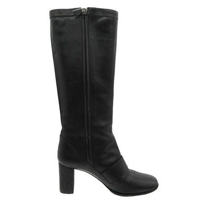 Louis Vuitton Boots Gold Buckle Leather Long Shoes Chunky Heels Side Zip Black