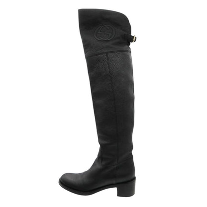 Gucci Boots Interlocking Embossed Leather Long Knee High Shoes Black
