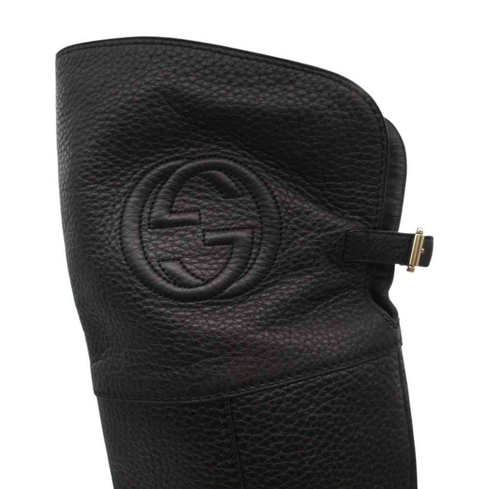 Gucci Boots Interlocking Embossed Leather Long Knee High Shoes Black