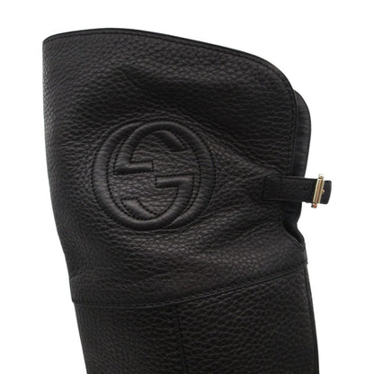 Gucci Boots Interlocking Embossed Leather Long Knee High Shoes Black