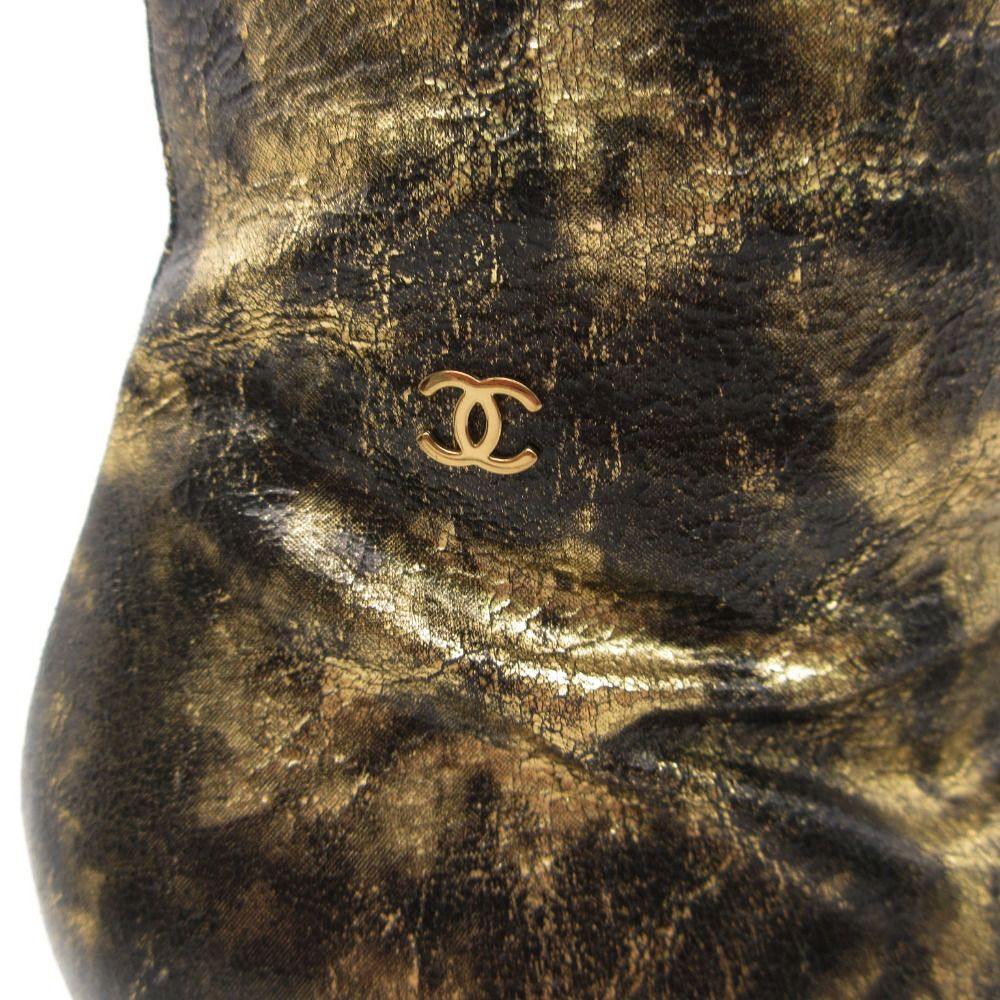 Chanel Boots CC Logo Low Heels Side Zip Long Shoes Gold