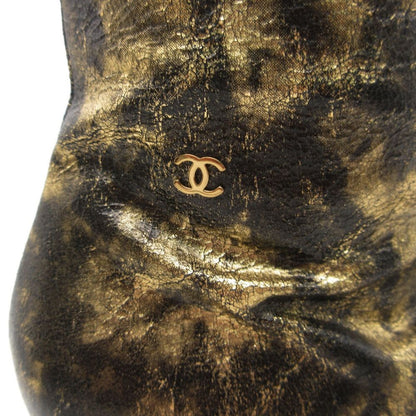 Chanel Boots CC Logo Low Heels Side Zip Long Shoes Gold