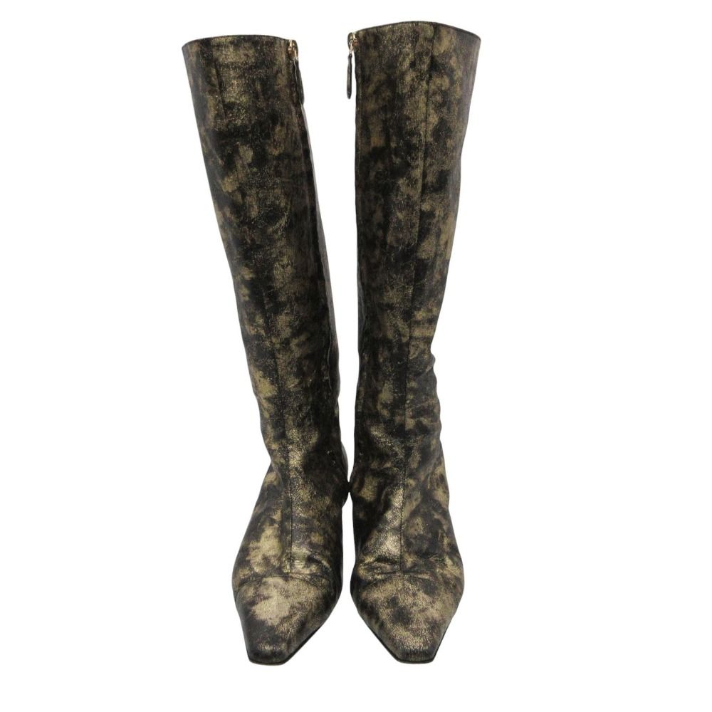 Chanel Boots CC Logo Low Heels Side Zip Long Shoes Gold