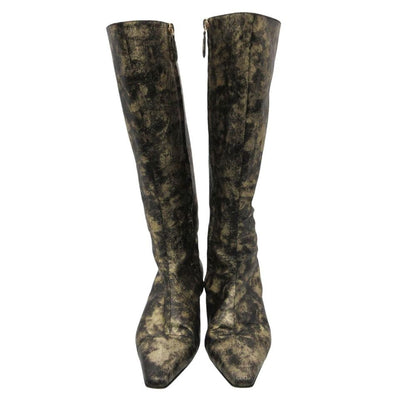Chanel Boots CC Logo Low Heels Side Zip Long Shoes Gold