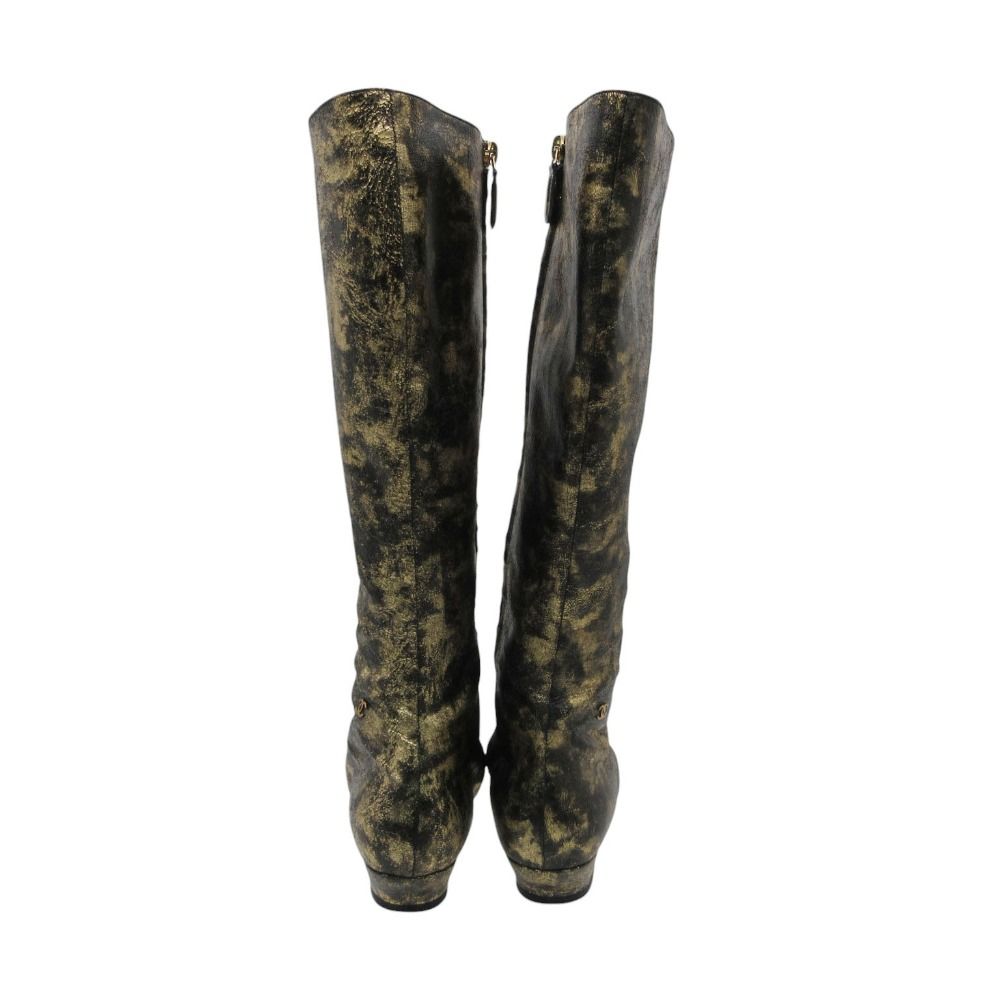 Chanel Boots CC Logo Low Heels Side Zip Long Shoes Gold