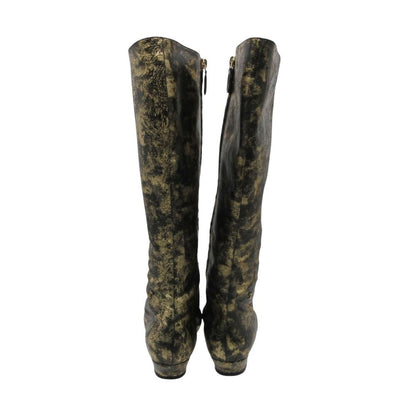 Chanel Boots CC Logo Low Heels Side Zip Long Shoes Gold
