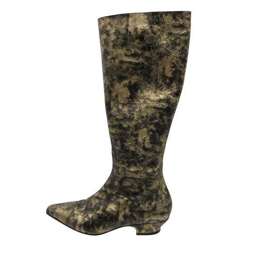 Chanel Boots CC Logo Low Heels Side Zip Long Shoes Gold