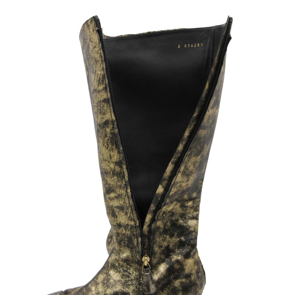 Chanel Boots CC Logo Low Heels Side Zip Long Shoes Gold