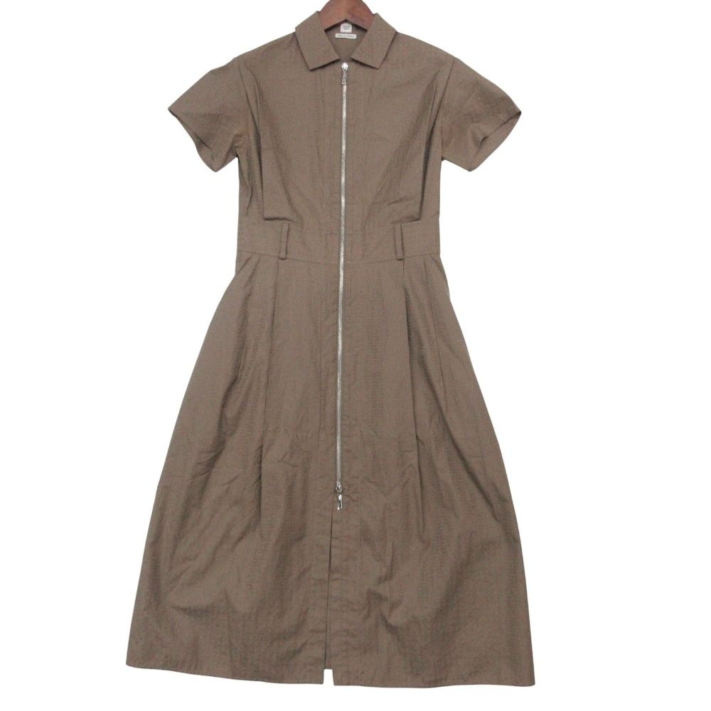 Hermes Dress Zip Up Shirt Mosaic Pattern Short Sleeve Long Length Brown