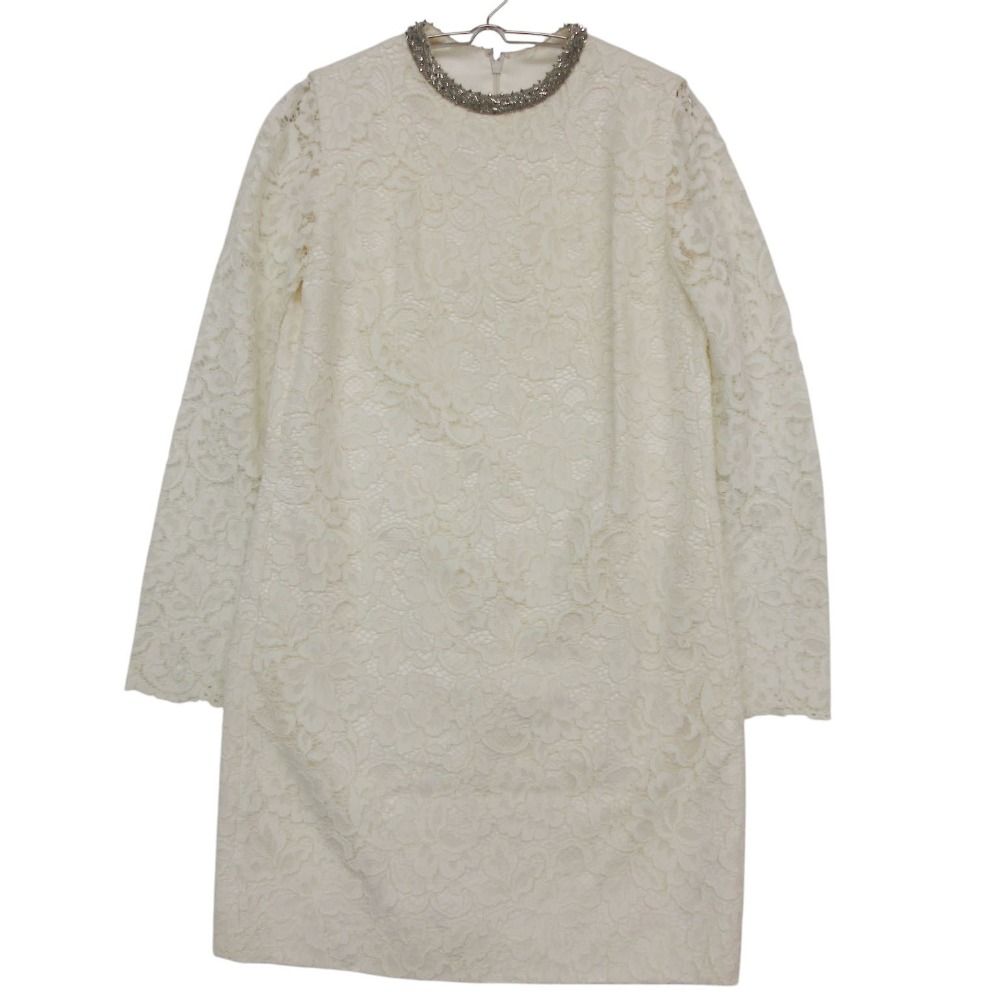 Saint Laurent Paris Dress All Lace Bijou Neck Long Sleeve Knee Length White