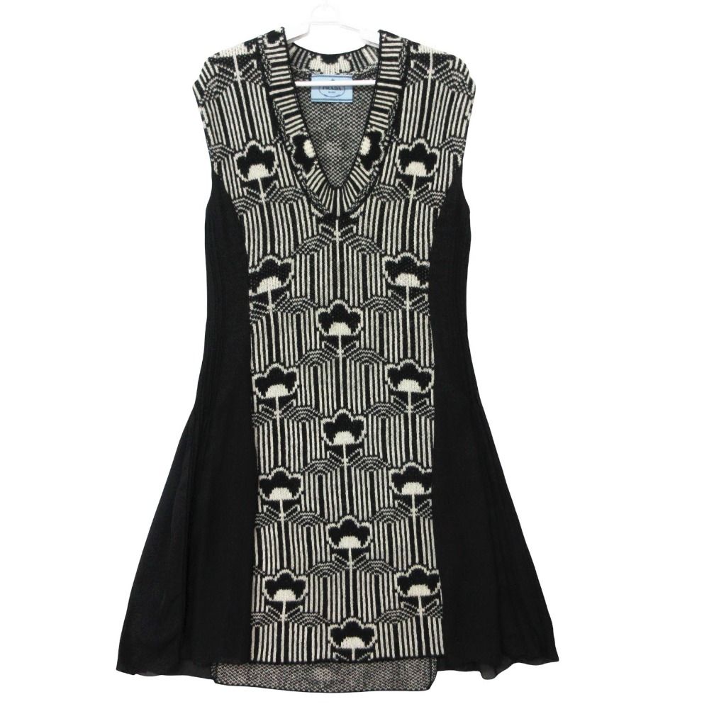 Prada Dress Wool Knit Contrast Sleeveless Knee Length Black