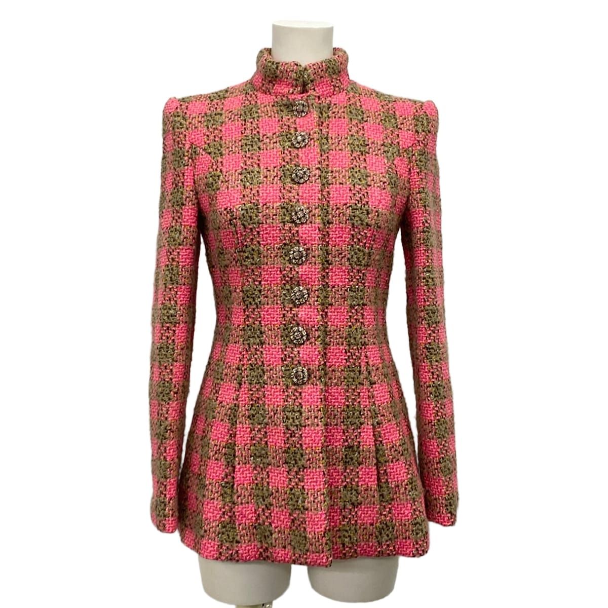 Chanel Jacket 36 S Pink Brown Tweed Stand Collar Block Check Bijou Button