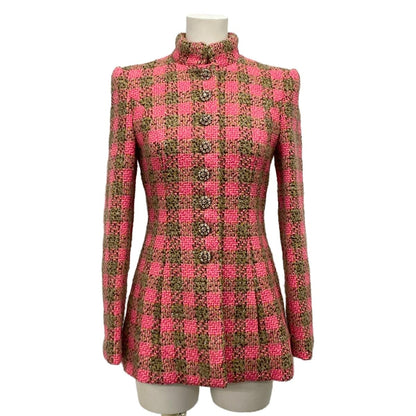 Chanel Jacket 36 S Pink Brown Tweed Stand Collar Block Check Bijou Button