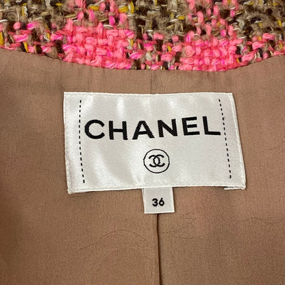 Chanel Jacket 36 S Pink Brown Tweed Stand Collar Block Check Bijou Button