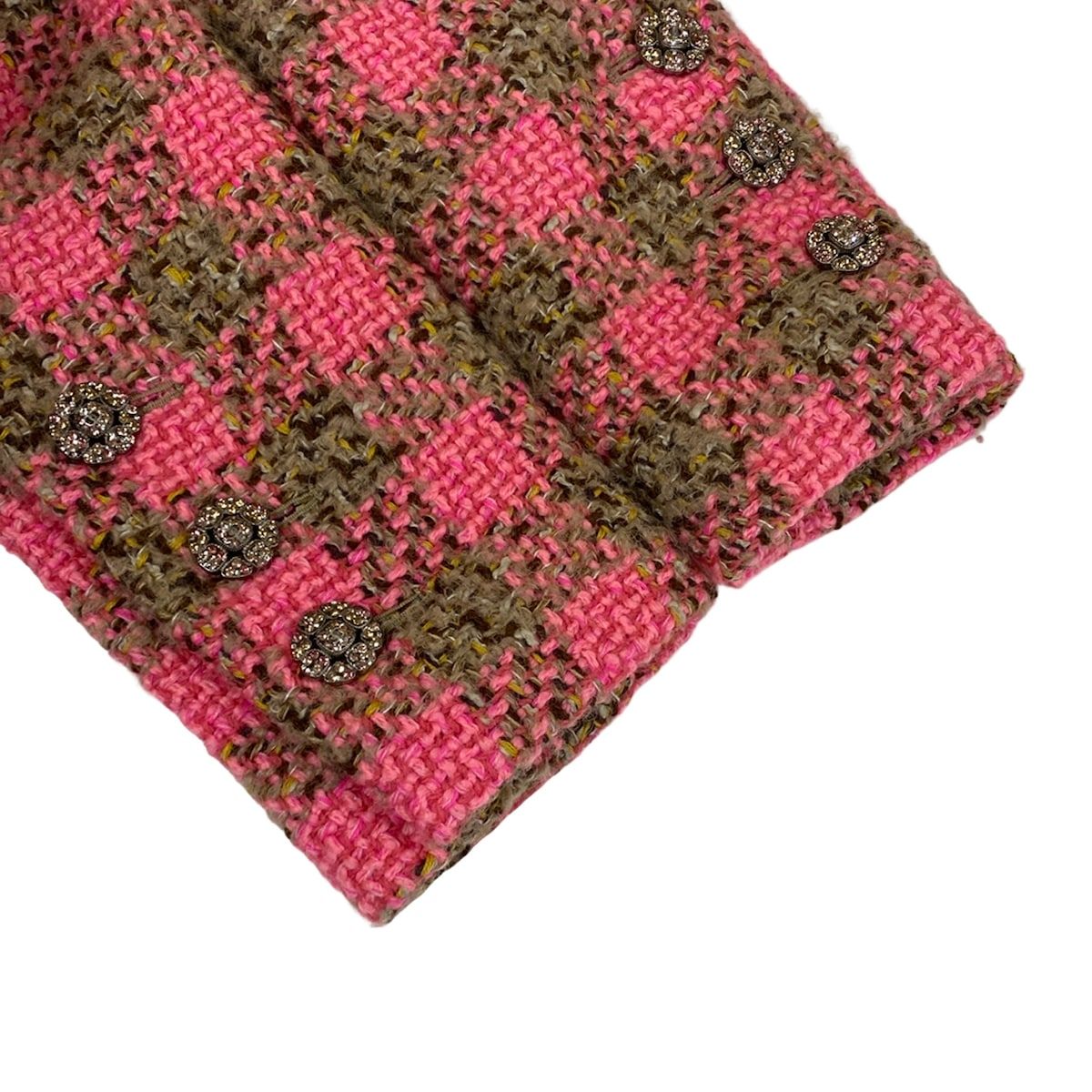 Chanel Jacket 36 S Pink Brown Tweed Stand Collar Block Check Bijou Button