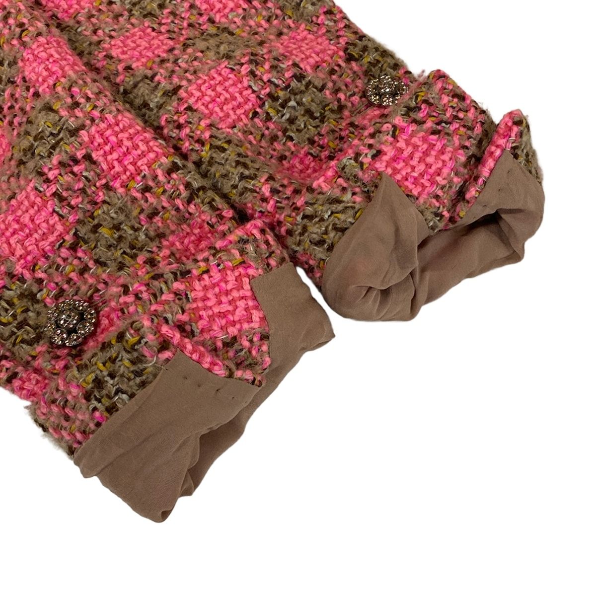 Chanel Jacket 36 S Pink Brown Tweed Stand Collar Block Check Bijou Button