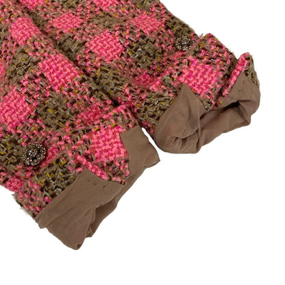Chanel Jacket 36 S Pink Brown Tweed Stand Collar Block Check Bijou Button