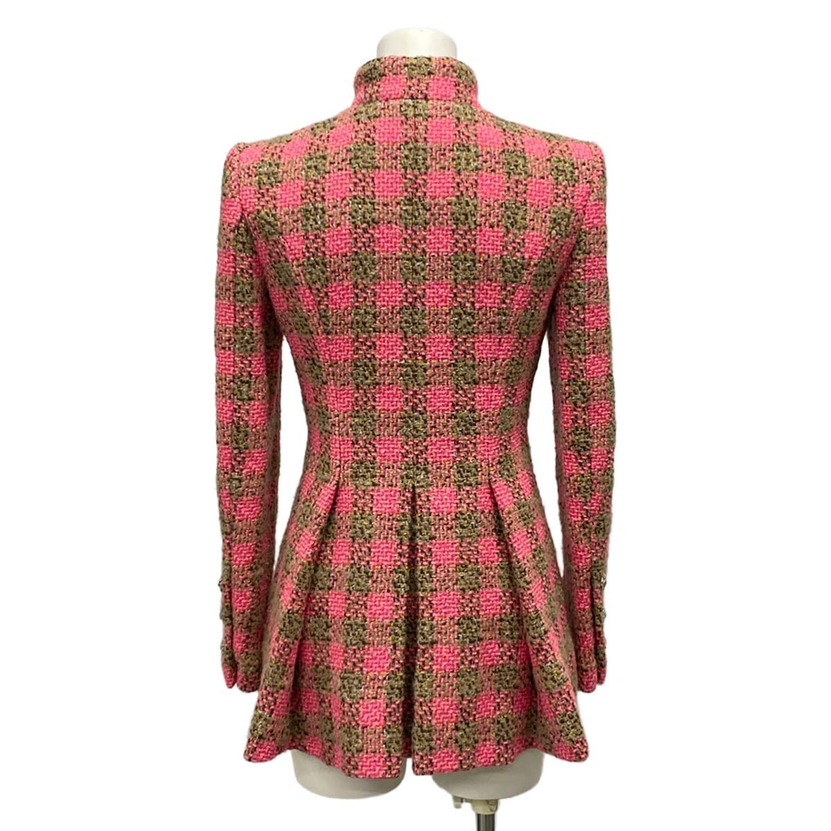 Chanel Jacket 36 S Pink Brown Tweed Stand Collar Block Check Bijou Button