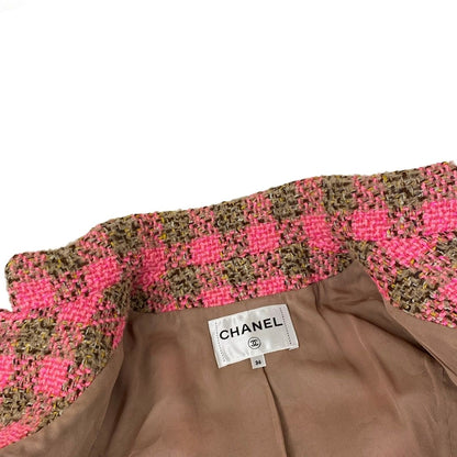 Chanel Jacket 36 S Pink Brown Tweed Stand Collar Block Check Bijou Button