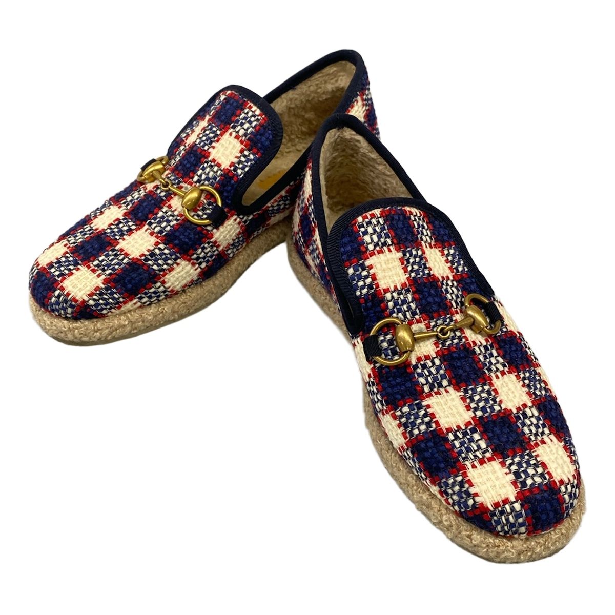 Gucci Flat Shoes 37 Horsebit Tweed Navy White Multi