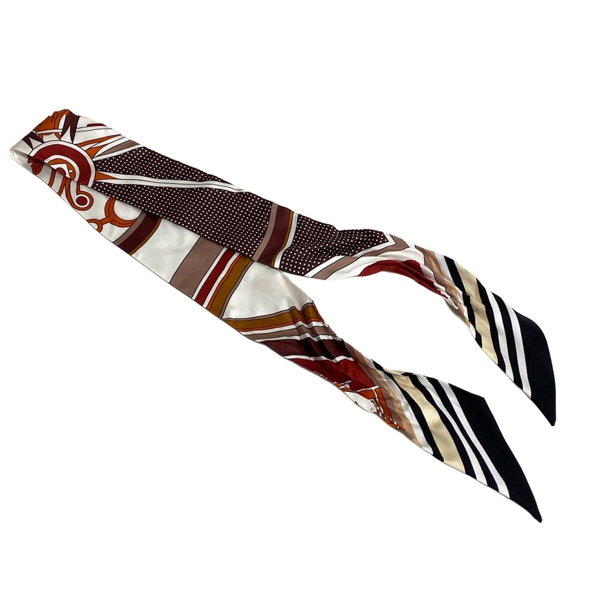 Hermes Scarf Twill White Dark Brown Multi