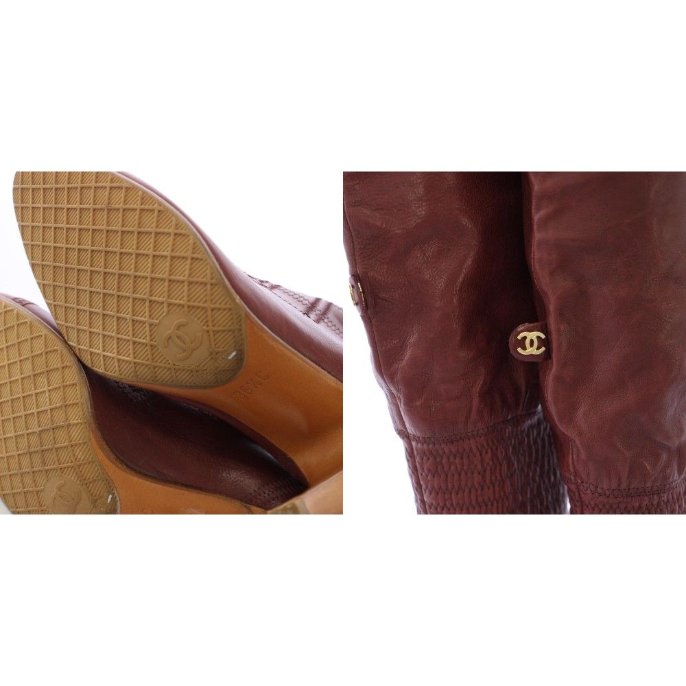 Chanel Long Boots Gathered Embroidery CC Logo 36.5 C Bordeaux TK