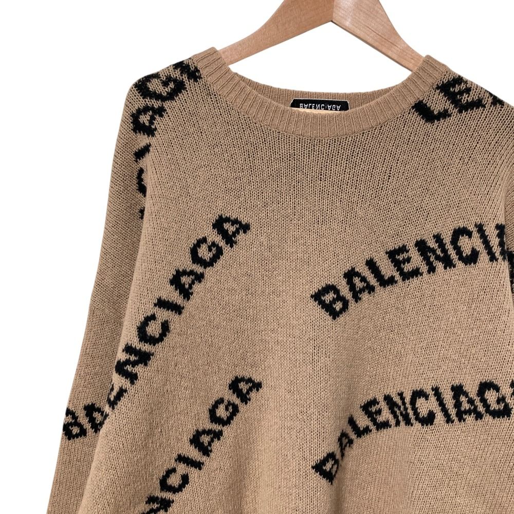 Balenciaga Logo Jacquard Crew Neck Knit Sweater XS Camel