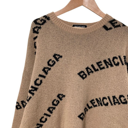 Balenciaga Logo Jacquard Crew Neck Knit Sweater XS Camel